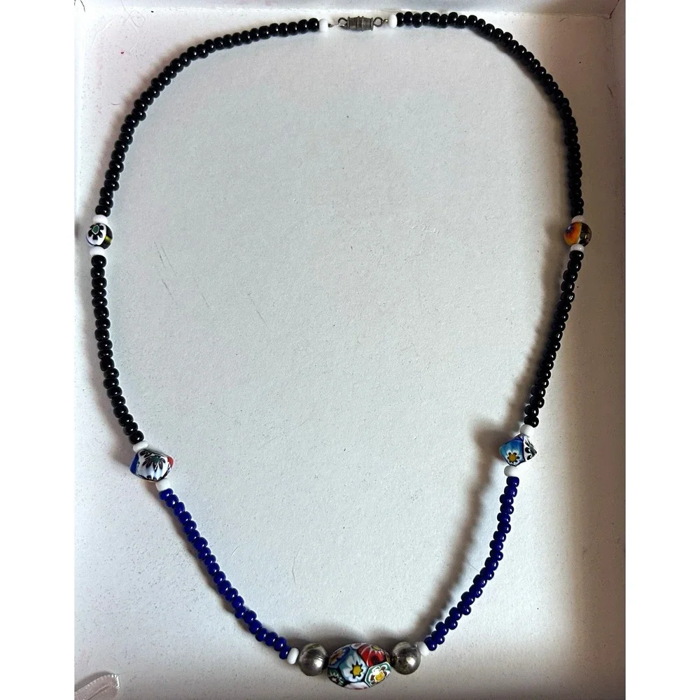 Black & Blue Glass Beaded Ball Chain Necklace Round Charm Pendant Beads